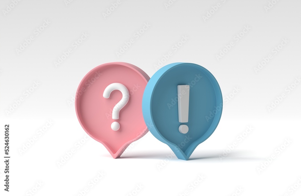 Question mark and exclamation symbol in social media notification icon isolated on white background. 3D render, 3D illustration. Question mark and exclamation symbol in social media notification icon isolated on white background. 3D render, 3D illustration.