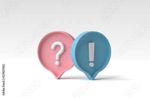 Question mark and exclamation symbol in social media notification icon isolated on white background. 3D render, 3D illustration.