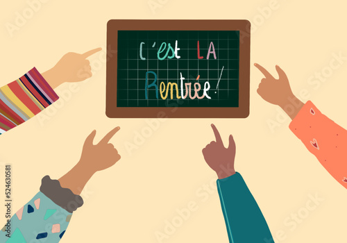 Illustration rentrée des classes, mains d'enfants et ardoise, dessin à la main