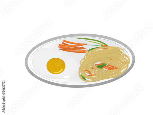 Plat équilibré, œuf, légumes et spaghettis, dessin fait à la main