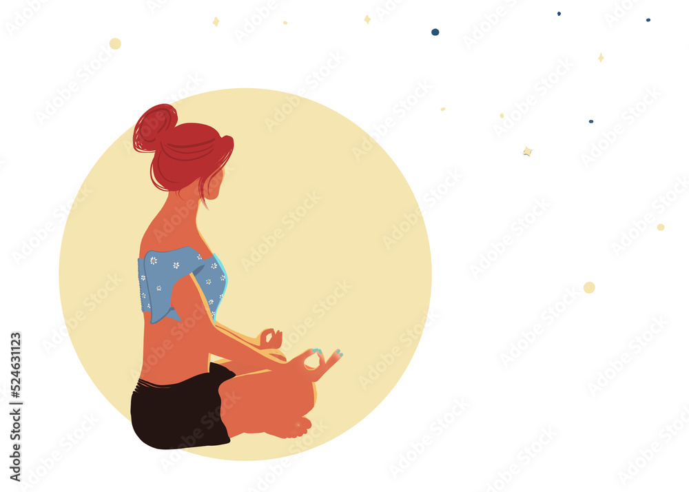 Femme médite au clair de lune, illustration méditation et yoga, à la main, fond isolé Femme médite au clair de lune, illustration méditation et yoga, à la main, fond isolé