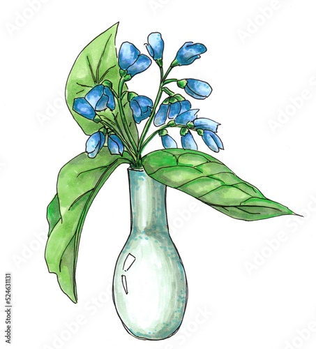 Blue flowers in a vase with leaves. Hand-drawn with alcohol markers small bouquet.