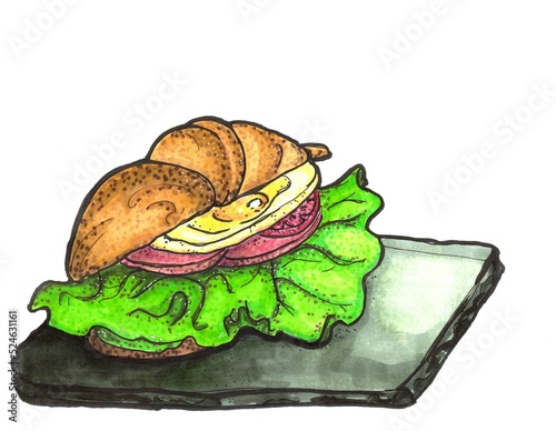 A hand-drawn croissant on a black slate plate. Breakfast with egg, tomatoes, lettuce.