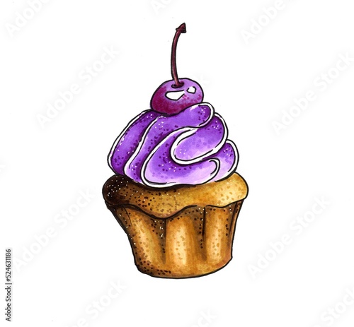 Sweet cupcake with purple cream and cherry. Drawing by hand, markers. Cake on a white background.