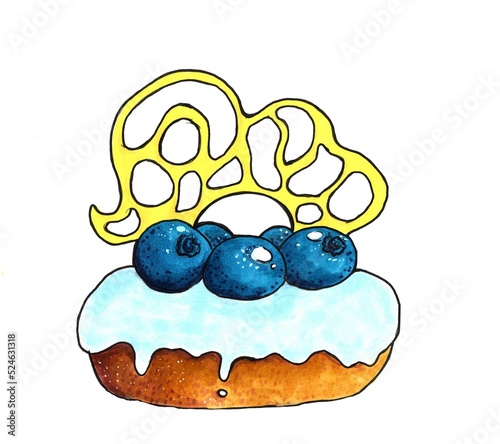 Donut cake with blue blueberry and blueberry icing and caramel decoration. Hand-drawn with alcohol markers.