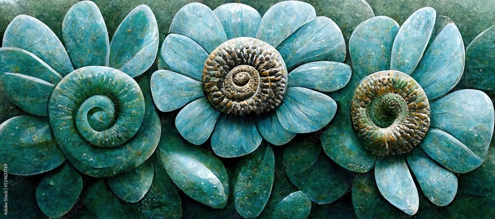 Ammonite shaped succulents in serene Jade green and tranquil turquoise blue - fascinating swirls and fractal curves surreal plant flowers. Sophisticated unusual spring color decorative art. Ammonite shaped succulents in serene Jade green and tranquil turquoise blue - fascinating swirls and fractal curves surreal plant flowers. Sophisticated unusual spring color decorative art.