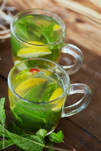 Tea with mint and lemon. Ecological medicinal teas for a healthy diet.
