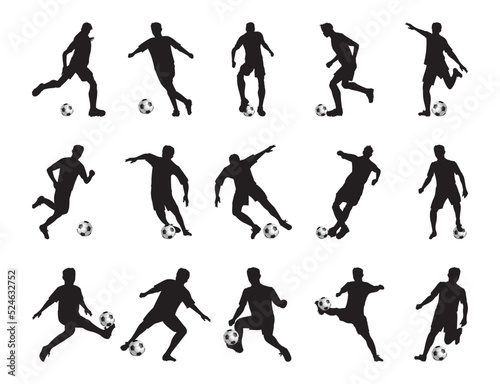 Soccer Football Player Vector illustration Silhouette on isolated white background in Various Poses black background. Sport People Poster card banner design Pack 2.