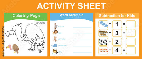 Activity sheet for children. Coloring animal, math subtraction, word scramble worksheet. Educational printable sheet for children. Vector illustration.