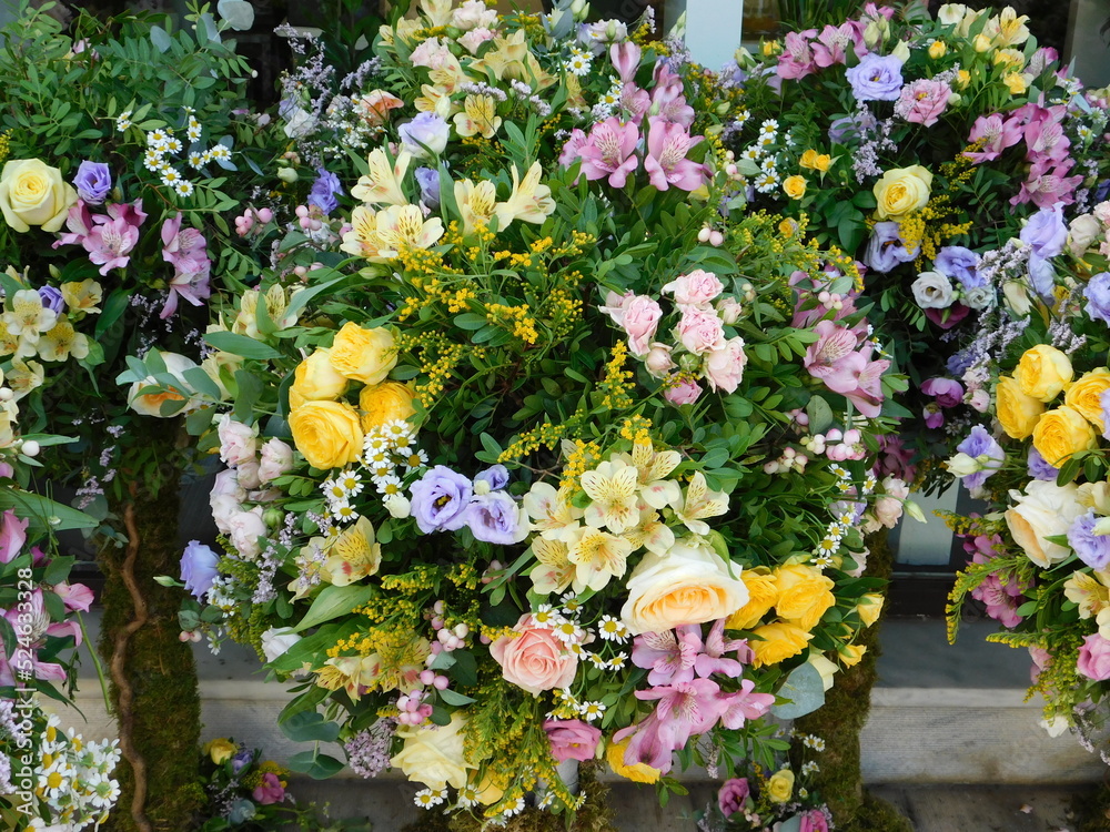 A large colorful bouquet of fresh flowers for sale in a flower shop