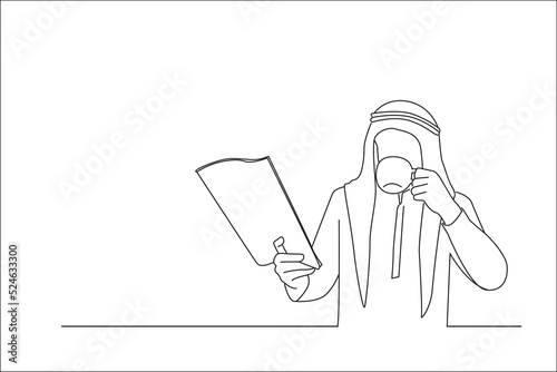 Cartoon of arab businessman is reading newspaper and eating breakfast. Line art style