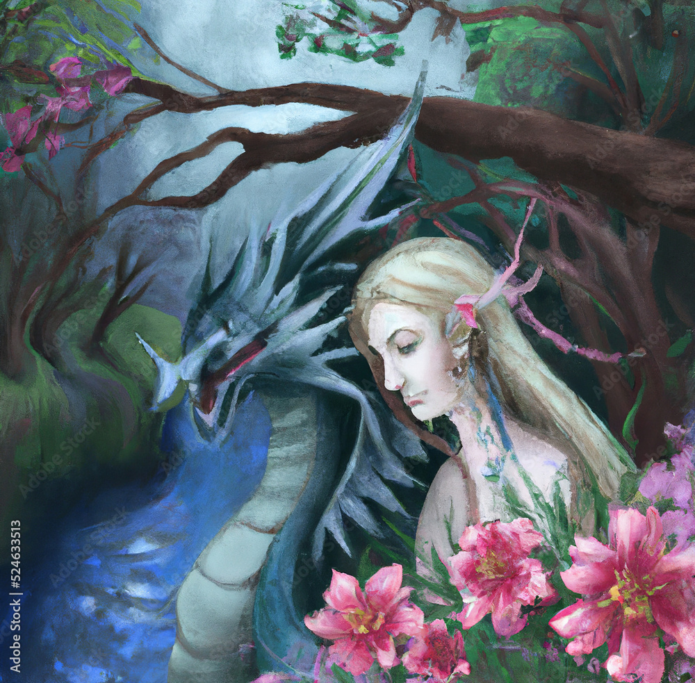 Digital oil painted beautiful elf girl with long hair and dragon in a magical fantasy forest by the river. Art for print on poster, card, canvas, cover, banner.