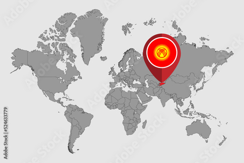 Pin map with Kyrgyzstan flag on world map. Vector illustration.