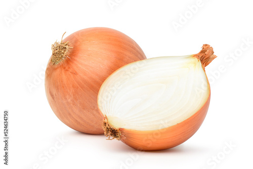 Fresh bulbs of onion with cut in half isolated on white background. Clipping path.