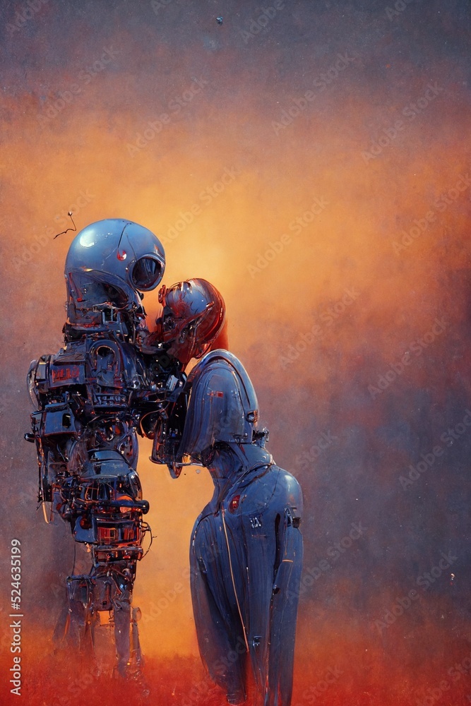 Fototapeta premium two robots in love, digital painting, concept illustration
