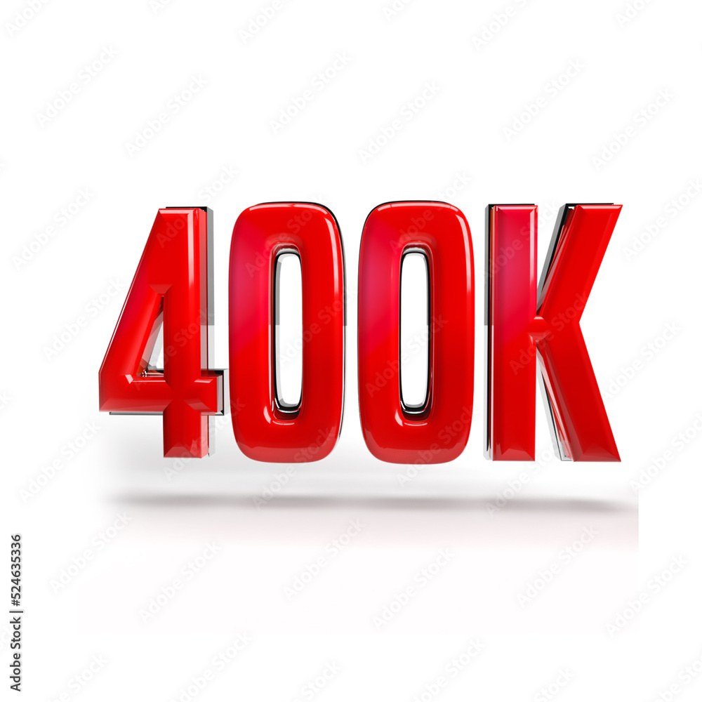 400K follower plastic red color 3D text effect. 400K subscriber badge 3D. Retro-style plastic red text effect for 400K followers or subscribers. 3D text design illustration. 400K follower plastic red color 3D text effect. 400K subscriber badge 3D. Retro-style plastic red text effect for 400K followers or subscribers. 3D text design illustration.