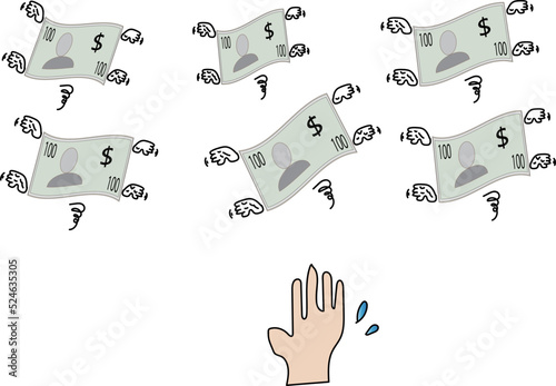 飛んでいくお札と手のイラスト