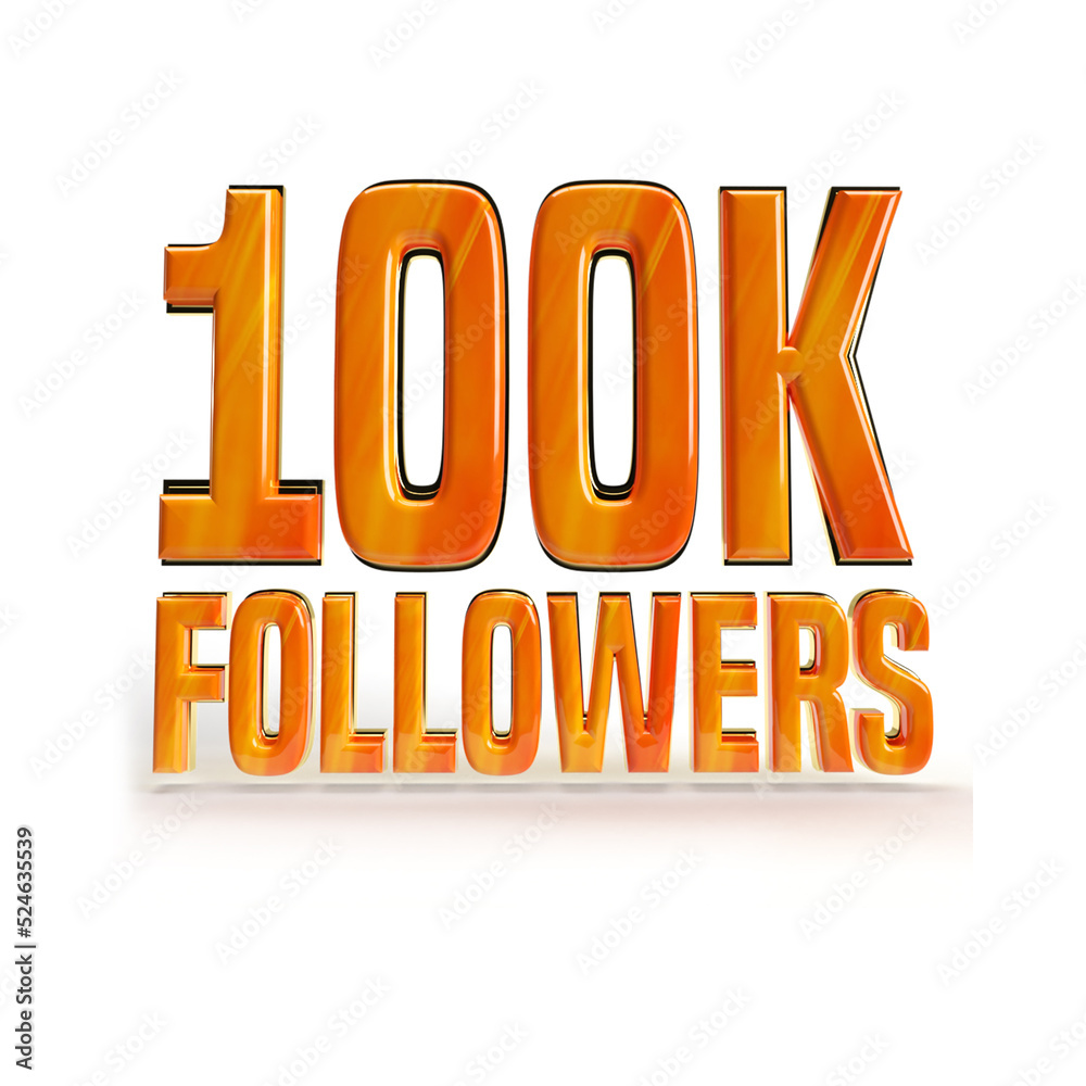 100K follower badge 3D. Plastic textured text effect for 100K followers or subscribers badge. 100K follower plastic gold color 3D text effect. 3D text design illustration. 100K follower badge 3D. Plastic textured text effect for 100K followers or subscribers badge. 100K follower plastic gold color 3D text effect. 3D text design illustration.