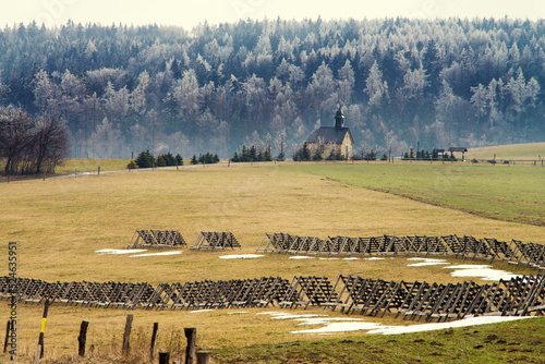 Fotografie Guntramovice Czech Republic Germany relations statue in the Moravian Sudetes in early spring with trees covered in ice
