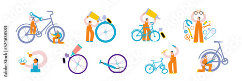 Fototapeta Naklejka Na Ścianę i Meble -  Bicycle service workers fix bicycle and bike details set. Repair of cycle chain pedal chain rings, flat tire. Vector flat illustration