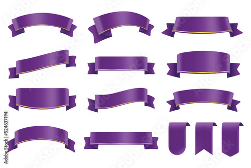 Set of Purple Color Ribbons and Tags isolated on white background. 3D Vector Illustration.