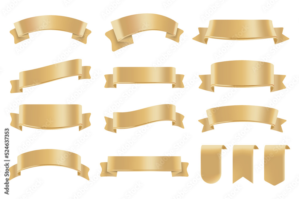 Set of Cream Color Ribbons and Tags isolated on white background. 3D Vector Illustration.