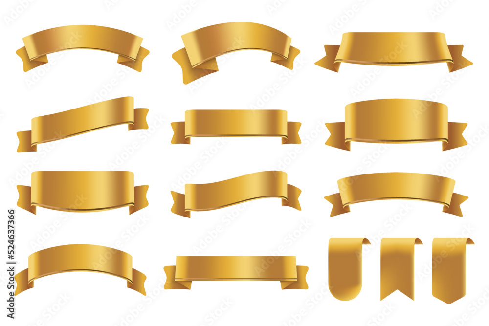 Set of Light Golden Color Ribbons and Tags isolated on white background. 3D Vector Illustration.