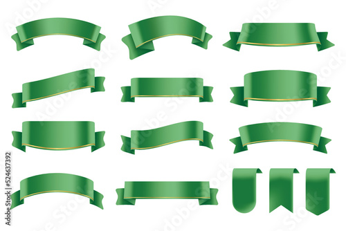 Set of Green Color Ribbons and Tags isolated on white background. 3D Vector Illustration.