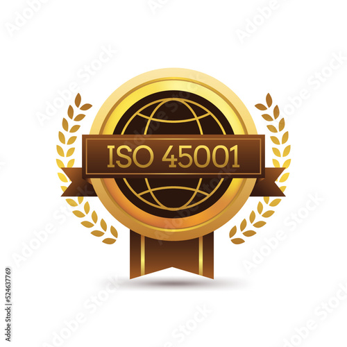 Luxury premium globe icon ISO 45001 international standard organization label badge design vector. Use on business, marketing promote. photo