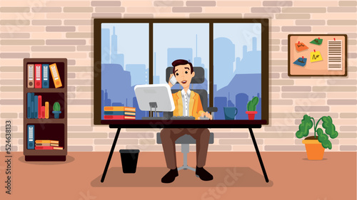 Vector illustration of a businessman, office worker working in his office. Busy with his profession and happy worker and businessman.