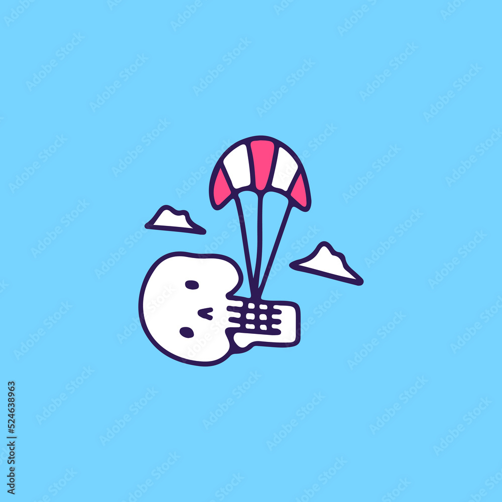Funny skull head sky diving, illustration for t-shirt, sticker, or apparel merchandise. With doodle, retro, and cartoon style. Funny skull head sky diving, illustration for t-shirt, sticker, or apparel merchandise. With doodle, retro, and cartoon style.