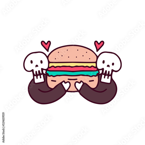 Two skulls holding big burger, illustration for t-shirt, sticker, or apparel merchandise. With doodle, retro, and cartoon style.