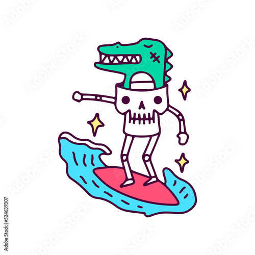 Funny skull with crocodile inside the head surfing, illustration for t-shirt, sticker, or apparel merchandise. With doodle, retro, and cartoon style.