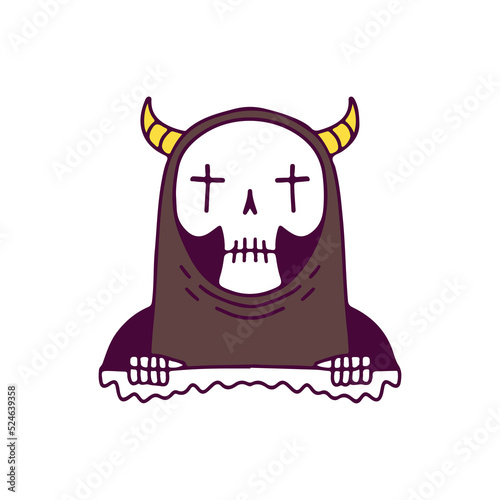 Cool grim reaper skull peeking through ripped paper, illustration for t-shirt, sticker, or apparel merchandise. With doodle, retro, and cartoon style.