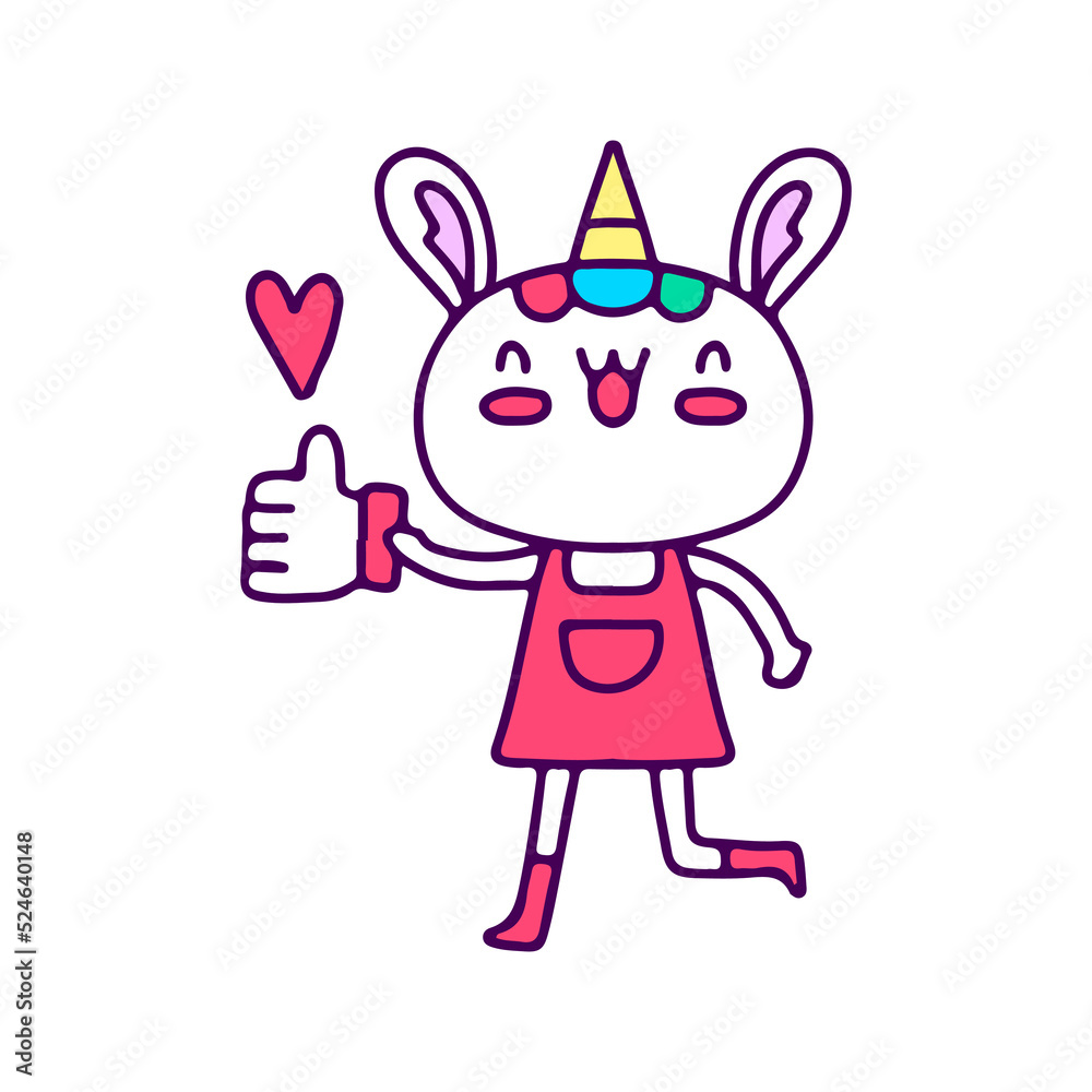 Kawaii unicorn bunny holding like button, illustration for t-shirt, sticker, or apparel merchandise. With doodle, retro, and cartoon style. Kawaii unicorn bunny holding like button, illustration for t-shirt, sticker, or apparel merchandise. With doodle, retro, and cartoon style.