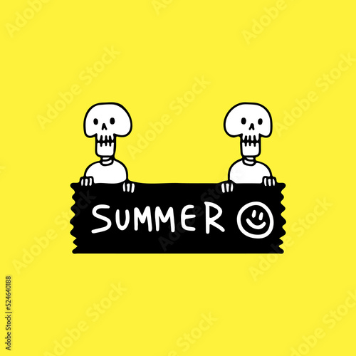 Skulls holding banner with summer typography, illustration for t-shirt, sticker, or apparel merchandise. With doodle, retro, and cartoon style.