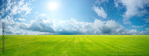 Beautiful natural scenic panorama green field of cut grass into and blue sky with clouds on horizon. Perfect green lawn on summer sunny day. #524640521