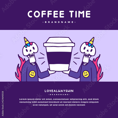 Trendy unicorn skull characters holding cup of coffee, illustration for t-shirt, sticker, poster, or apparel merchandise. Pop art style.