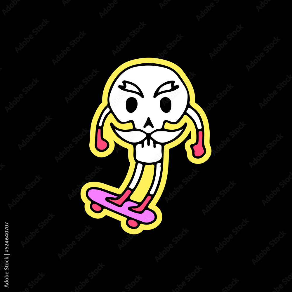 Funny skull with mustache riding skateboard, illustration for t-shirt, sticker, or apparel merchandise. With doodle, retro, and cartoon style. Funny skull with mustache riding skateboard, illustration for t-shirt, sticker, or apparel merchandise. With doodle, retro, and cartoon style.