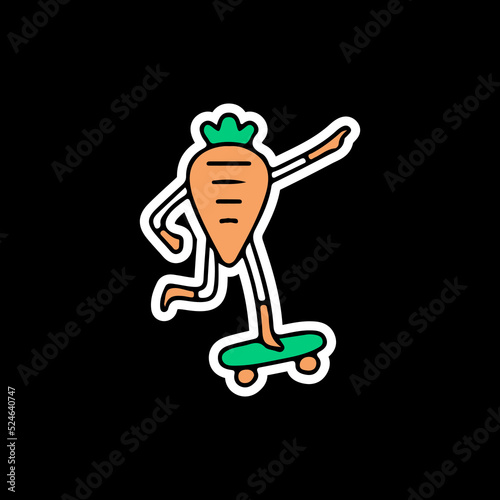 Funny carrot mascot riding skateboard, illustration for t-shirt, sticker, or apparel merchandise. With doodle, retro, and cartoon style.