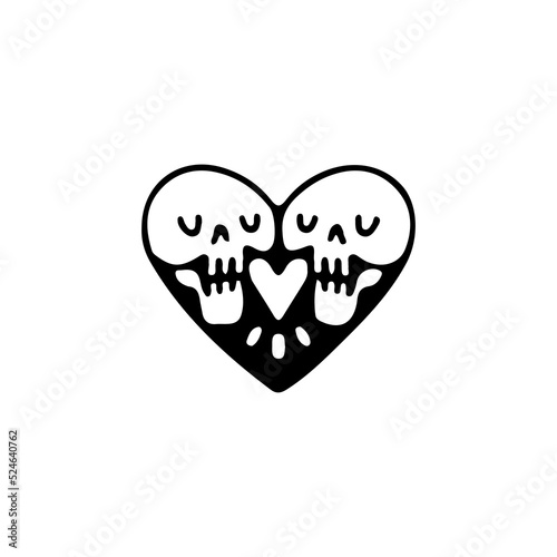 Romantic skulls with heart shape, illustration for t-shirt, sticker, or apparel merchandise. With doodle, retro, and cartoon style.