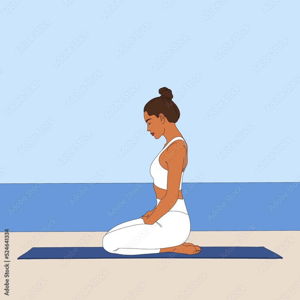 Vajrasana / Adamant Pose. Woman practicing doing yoga on mat on seascape background. Basic yoga