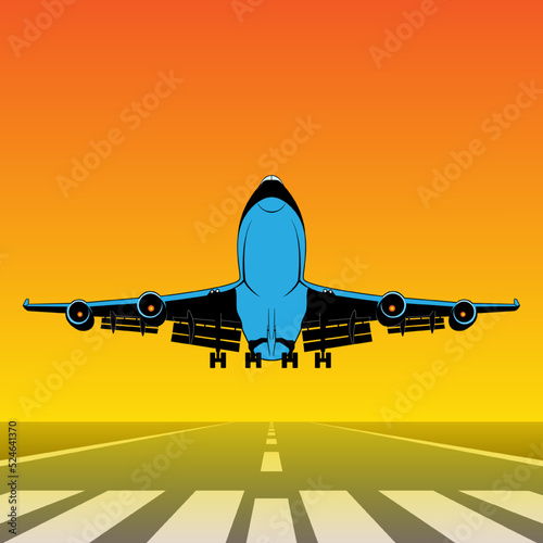 Takeoff of a passenger plane. Vector illustration of an airfield runway with an airplane taking off. Sketch for creativity.