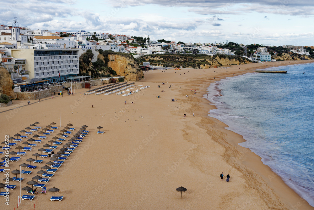 View of the beach of Albufeira in Portugal with few tourists