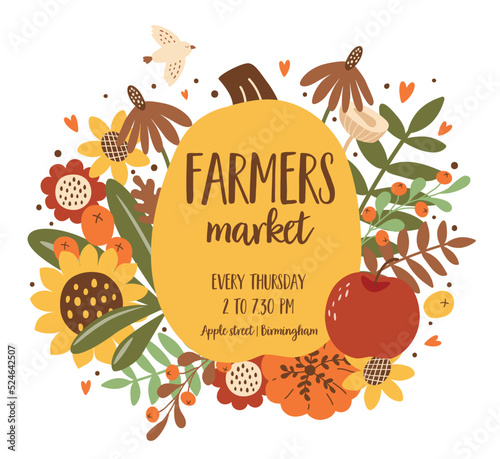 Harvest Festival poster. Autumn fest banner decorated pumpkin, sunflower fall leaves. Fall harvest vector illustration. Autumn food Fall farmers market banner design Eat local food. Farm organic food.