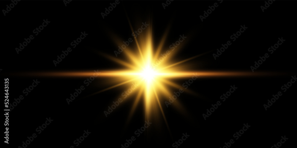 Golden star, on a black background, the effect of glow and rays of light, glowing lights, sun.vector.