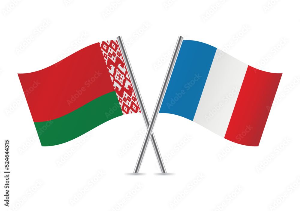 Belarus and France crossed flags. Belarusian and French flags on white background. Vector icon set. Vector illustration. Belarus and France crossed flags. Belarusian and French flags on white background. Vector icon set. Vector illustration.