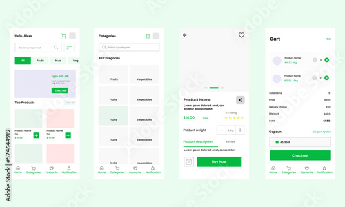 Grocery delivery mobile app UI kit. home delivery service. UI, UX, GUI screens for responsive mobile app. vector design.