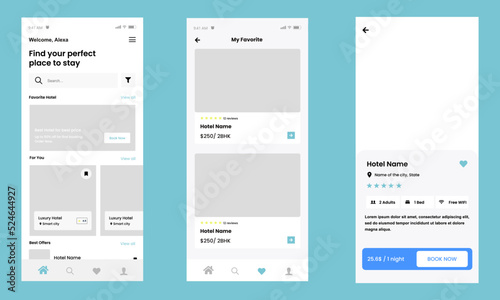 Hotel Booking mobile app UI kit. Hotel booking services. UI, UX, GUI screens for responsive mobile app. vector design.