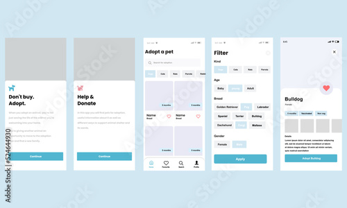 Pet Adoption Theme Application Screens, Template Layout for mobile and website mobile application. UI UX 